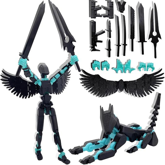 T13 Action Figures Set (Assembly Completed) Dummy 13 Titan 13 Robot Action Figure 3D Printed Robo Multi-Jointed Movable Action Figure Toy with Full Articulation (Black Blue Figure + Dog)