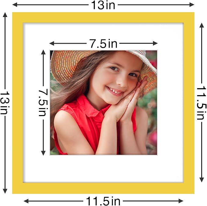 Vittanly 12x12 Picture Frames Set of 9 for Wall Mounting, Yellow | Display Pictures 8x8 with Mat or 12x12 without Mat for Wall Mounting, Square Photo Frames for Home Decor, Engineered Wood