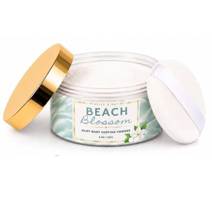 Body Powder for Women & Men Scented Beach Blossoms & Coconut Water, Perfume Dusting Powder, Bath Powder with Fragrance & Essential Oils, Talc-Free 8oz Container with Lid and Puff, Made in USA