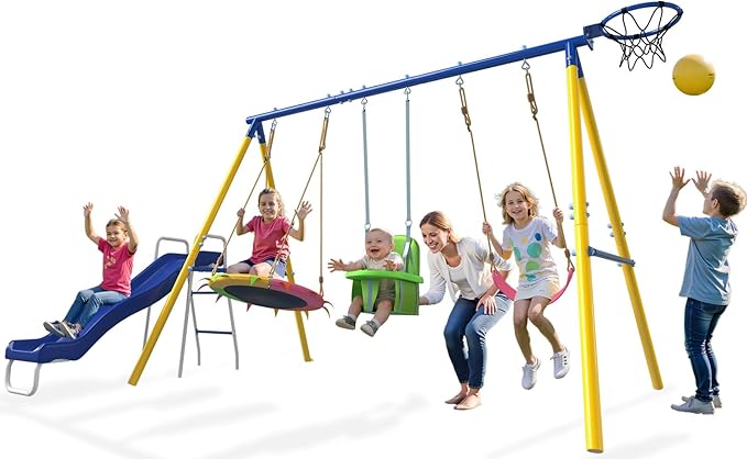 JYGOPLA Metal Swing Sets for Backyard, 5-in-1 Kids Swing Set Slide Combo with Saucer Swings, Baby Safety Swing & Basketball Hoop for Ages 3-12