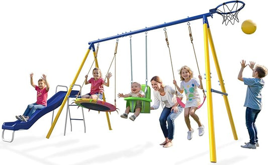 JYGOPLA Metal Swing Sets for Backyard, 5-in-1 Kids Swing Set Slide Combo with Saucer Swings, Baby Safety Swing & Basketball Hoop for Ages 3-12