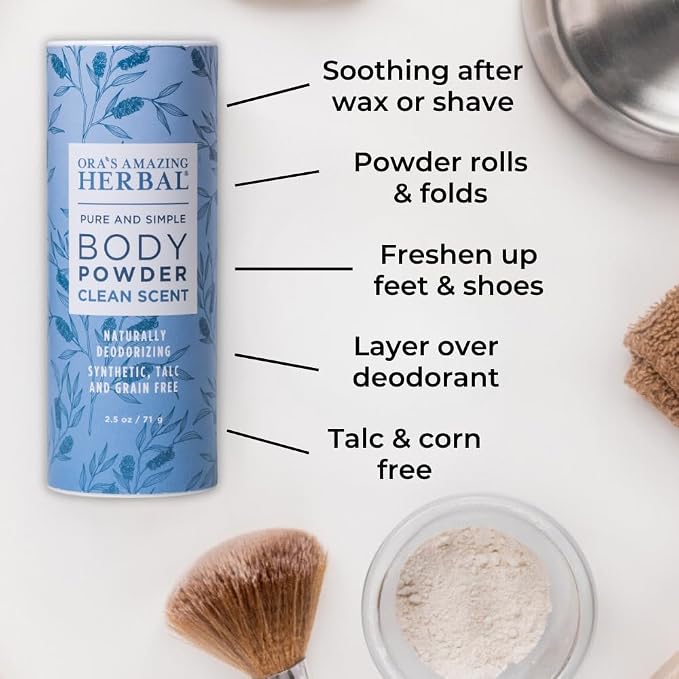 Ora's Amazing Herbal Minty Fresh Talc Free Body Powder, Sweat Absorbing & Chafing Cooling Powder for Men, Prickly Heat Powder with Eucalyptus & Mint, Shave & Waxing Dusting Powder, Clean Scent, 2.5oz
