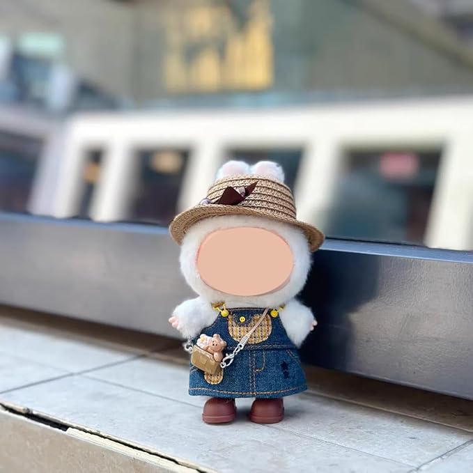 4/5/6 Set Doll Clothes Compatible with 17cm labubu, Clothes for Dolls Outfit, Contain Hat +Glasses+ Summer Camisole Dress+Mini Bag+ Mini Camera + Shoes, No Doll Include (Brown)