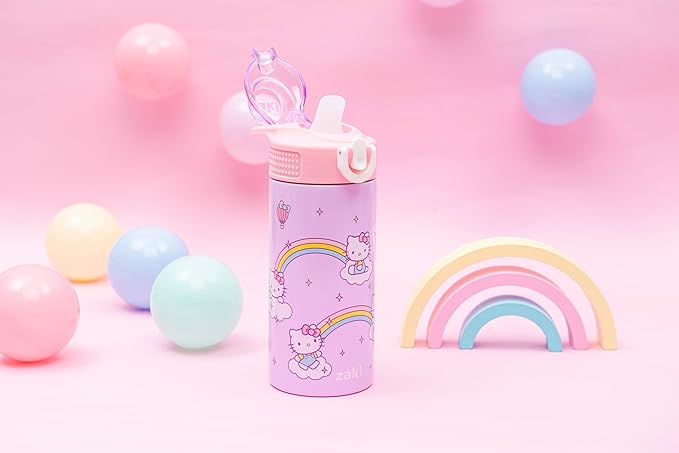 Zak Designs Sanrio Sage Kids Water Bottle For School or Travel, 14oz Stainless Steel Water Bottle With Straw, Handle, and Leak-Proof, Pop-Up Spout Cover (Hello Kitty)