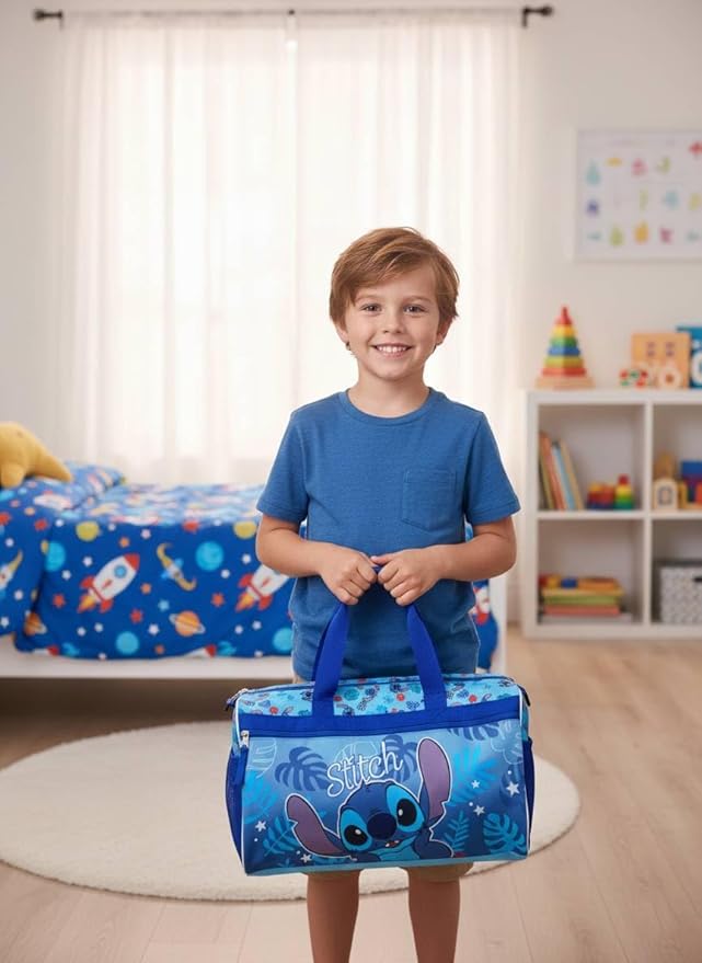 Disney Stitch Kids’ Duffle Bag – Lilo & Stitch Travel Gym Bag with Adjustable Strap, Mesh Side Pockets & Zipper Pocket