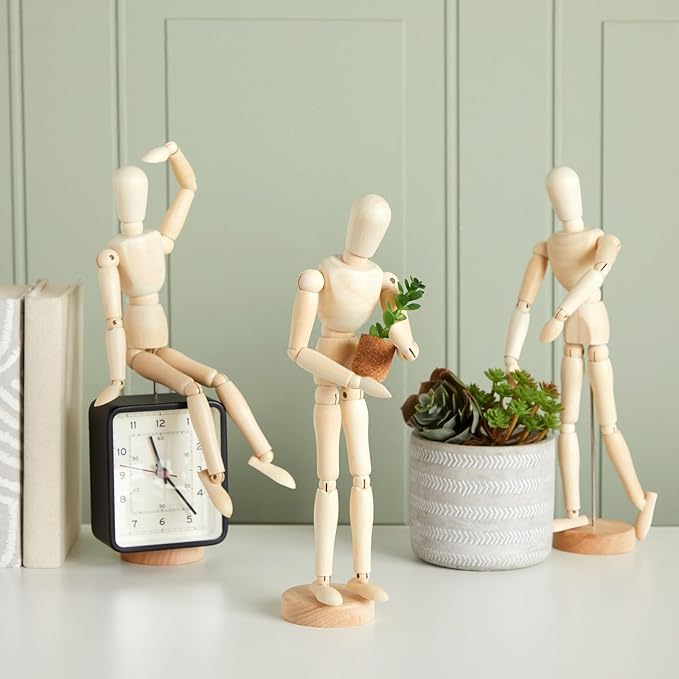 3 Pack Posable Art Figure Model, Flexible Wooden Drawing Mannequin for Artists, Sketching (13 in)