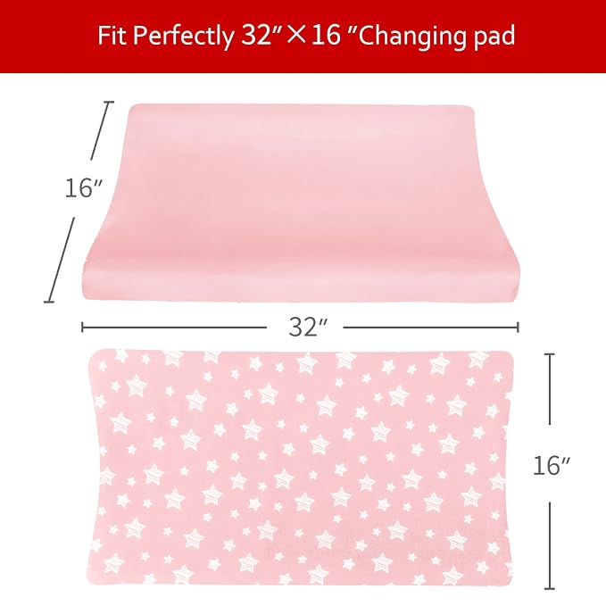 Changing Pad Cover for Girls 2 Pack, Lovely Print Soft Diaper Change Table Sheets, Fit 32"x16" Contoured Pad, Comfy Cozy 2-Pack Cradle Sheets,Pink&Pink Stars