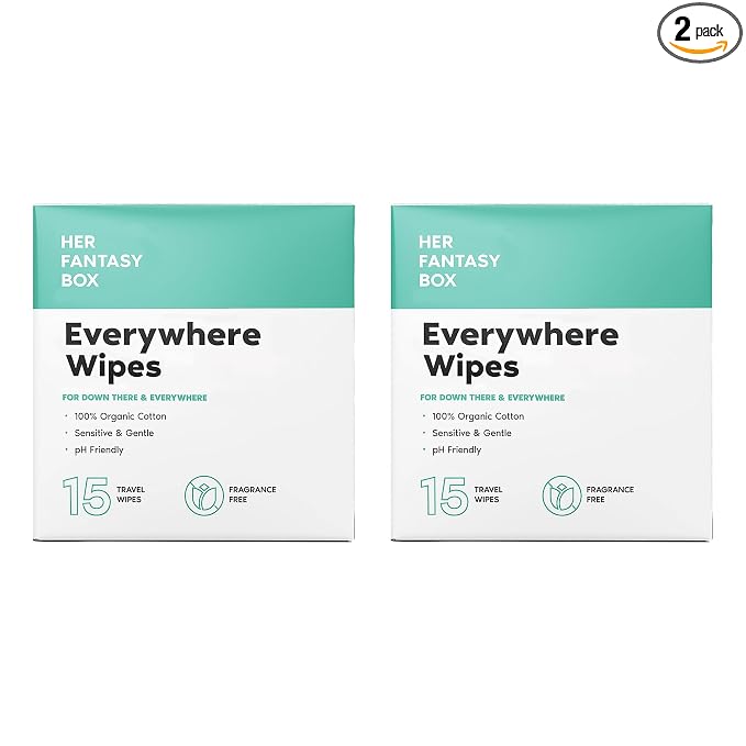 Her Fantasy Box | Everywhere Wipes – 100% Organic Cotton, Gentle & Refreshing, pH-Balanced, Fragrance-Free, Plant-Powered for Body, Face & Intimate Areas, Ideal for Sensitive Skin - 2 Pack, 30 Wipes