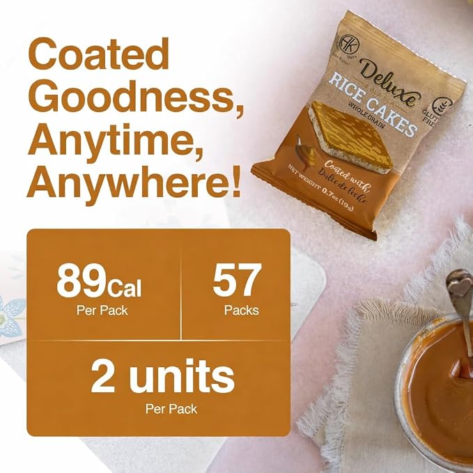 Deluxe & Bla Bla Rice Cakes 57 Pack – Whole Grain, Gluten-Free, Kosher, Low-Calorie Snack – Coated with dulce de leche – Healthy & Crunchy Treat – Individually Wrapped, (19g Each)