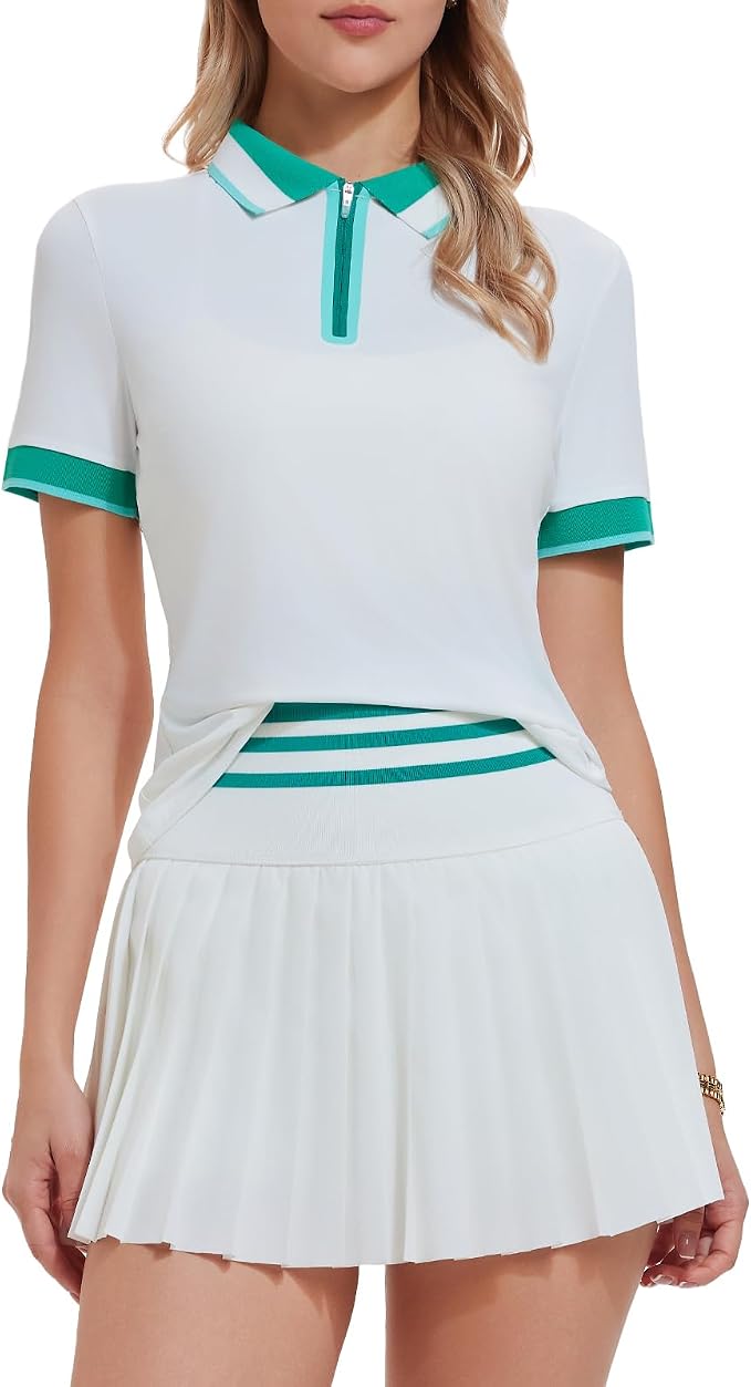 Tennis Skirt Sets for Women Zipper Color Block High Waisted Golf Polo Two Piece Skirt Set Women 2 Piece Outfits