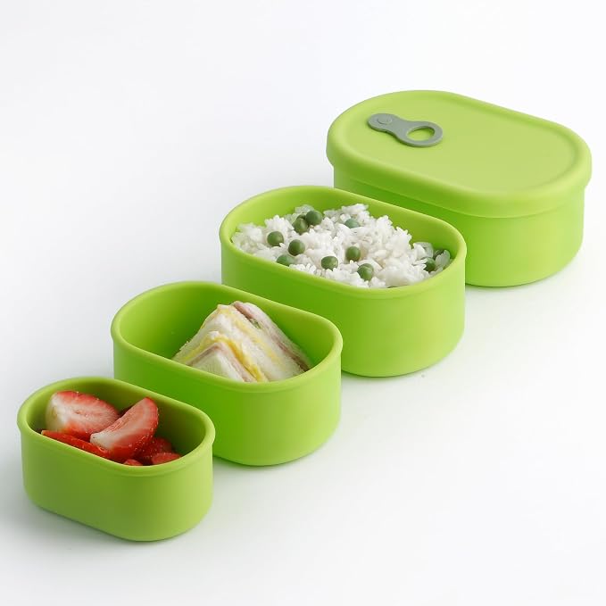 Korean Silicone Food Container with Steam Vent, Green Apple 4pc | Microwave & Freezer Safe, Leakproof, Airtight, Dishwasher Safe, BPA Free
