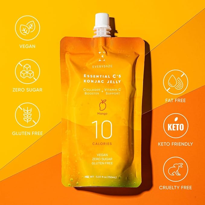 EVERYDAZE Essential C’s Konjac Jelly | Mango | Plant-Based Collagen Booster, Gluten Free, Sugar Free, Low Calorie | Healthy Drinkable Fruit Snack | 10 Pack Box Food Drink Pouch
