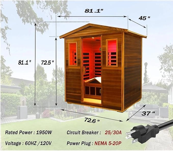 LTCCDSS Ultra-Low EMF Outdoor Sauna 3 Person, Full Spectrum Red Cedar Far Infrared Sauna for Home, Folding Recliner| Chromotherapys| Bluetooth Speakers| Near&Mid Infrared Therapy