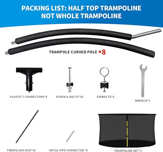 12Ft 8 Pcs Trampoline Curved Poles Replacement with Enclosure Net, Trampoline Curved Pole, Plastic T Connector, Fiberglass Rods, Mounting Hardware, Foam Covers