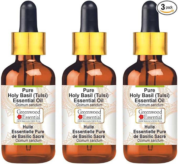 Greenwood Essential Pure Holy Basil Essential Oil (Ocimum Sanctum) with Glass Dropper Steam Distilled (Pack of Three) 100ml X 3 (10 oz)