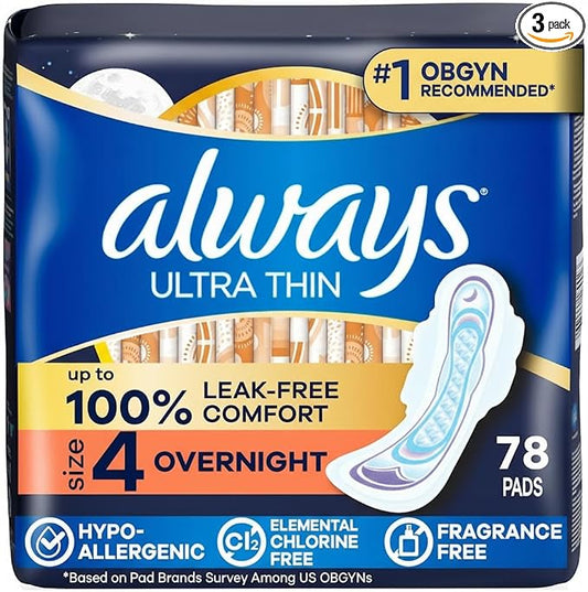 Always Ultra Thin Overnight Pads with Wings, Size 4, Overnight, 78 Count (3 Packs of 26)