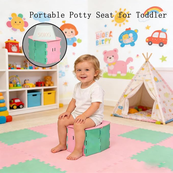 Portable Potty Seat for Toddler Foldable Travel Potty Training Toilet Seat with Cleaning Bags Reusable for Outdoor Camping, Travel potties (Pink+Green)