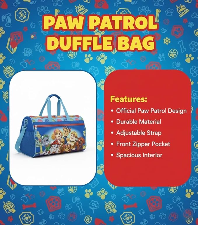 PAW Patrol Kids Duffle Bag 16.5" – Travel & Sports Bag with Zipper Pocket, Mesh Side Pockets & Shoulder Strap