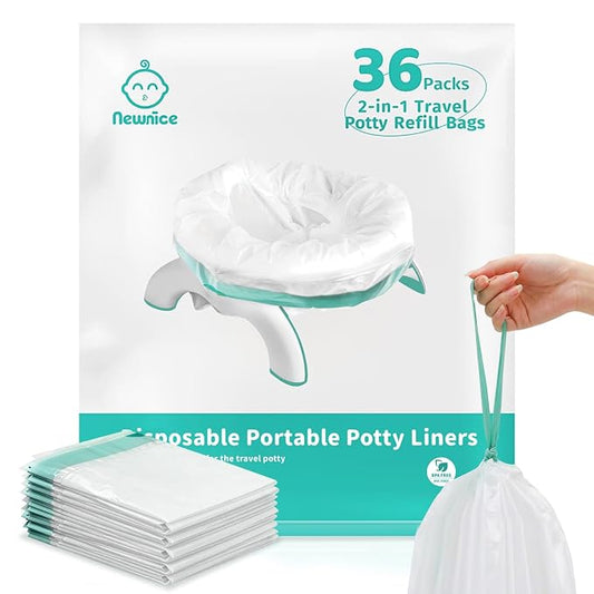 [36 Counts] Newnice Upgraded Drawstring Potty Liners with 20s Quick Absorb Pads, Travel Potty Bags for Toddler Road Trips, Portable Toilet Refills Fit OXO Tot 2-in-1 & Commode Chairs