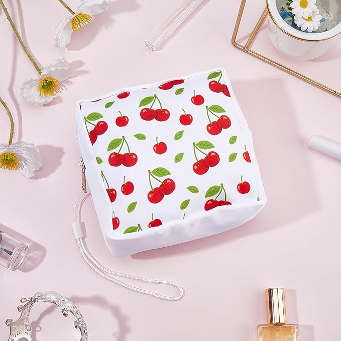 Cherry Period Bag Pouch 5.12 x 5.12 x 1.57 Inch Sanitary Napkin Storage Bag with Zipper Portable Reusable Waterproof Polyester Menstrual Pad Pouch First Period Gifts for Women Daily Use