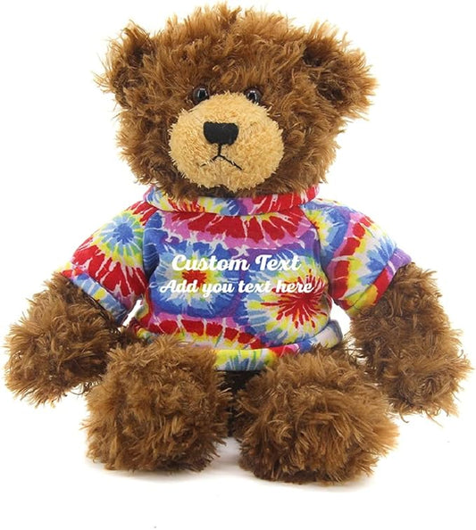 Customized Chocolate Brandon Bear - 12 inch Personalized Stuffed Bear Plush Toy - Perfect Custom Shirt Bear Gift for Graduation Valentines Graduation Easter Holidays (Tiedye Shirt)