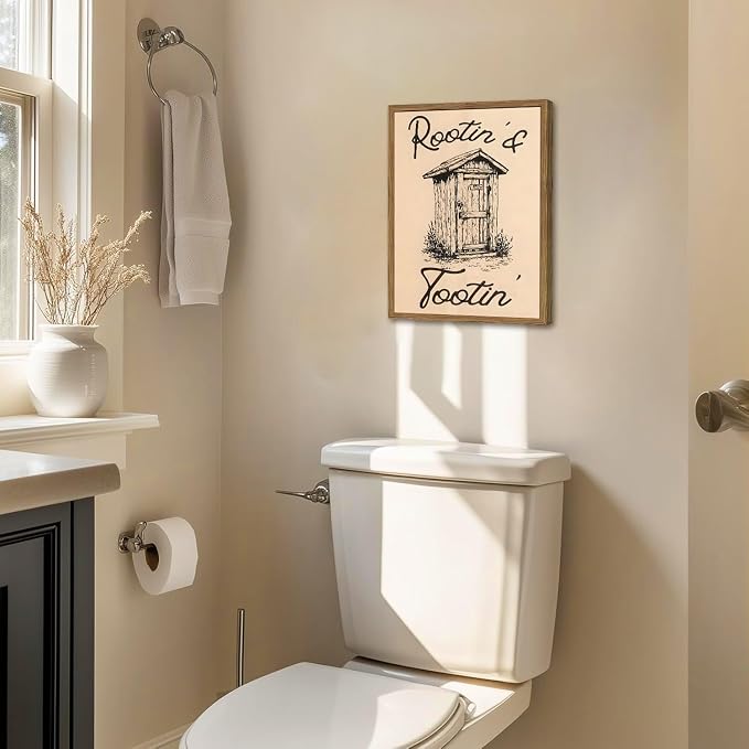 Cute Western Bathroom Wall Art Vintage Southwest Rustic Restroom Wall Decor Painting, Western Cowboy Ranch Toilet Rootin Tootin Poster Canvas Print Picture 12x16 inch Wood Framed