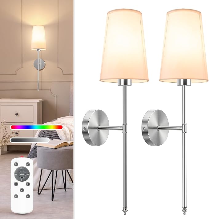 Brushed Nickel Battery Operated Wall Sconce Set of 2,Rechargeable Wall Lights with 10400mAh Dimmable Detachable Bulbs and Remote,9 Colors Wireless Sconces for Bedroom Living Room Hallway