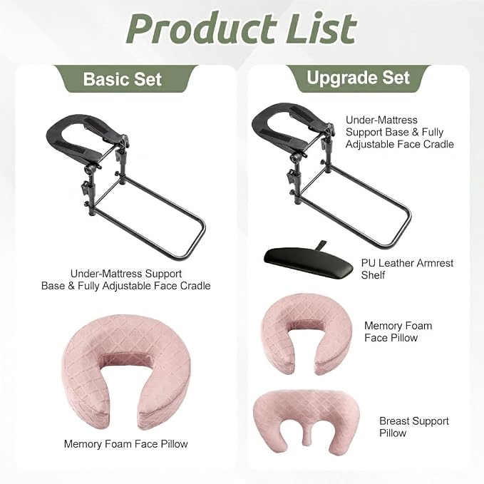 Massage Headrest for Bed, Adjustable Massage Face Cradle at Home, Portable Massage Table Kit for Sleeping Mattress, Face Down Pillow After Eye Surgery (Pink, with Armrest Shelf & Breast Pillow)