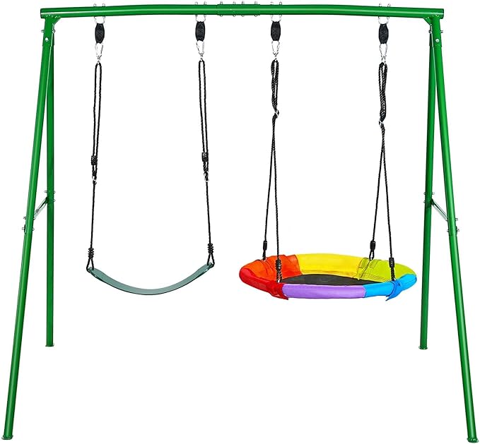VEVOR Swing Set for Backyard, 32 in Saucer Swing Seat and Belt Seat, with Heavy Duty A-Frame Metal Stand, 440 lbs Load Capacity, Reinforced with Spiral Ground Anchors, Swingset Outdoor for Kids