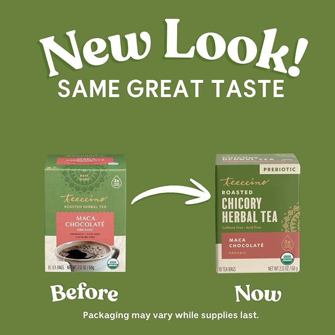 Teeccino Maca Chocolaté Herbal Tea - 10 Tea Bags - Rich & Roasted Herbal Tea That’s Caffeine Free & Prebiotic with Natural Energy from Adaptogenic Peruvian Maca, (Pack of 6)