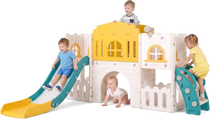 OLAKIDS Toddler Slide, Kids Indoor Outdoor Playground with Climber Basketball Hoop Telescope Tunnel Corridor Toy Storage Steering Wheel for Boys Girls Aged 1+ (Yellow, 70'')