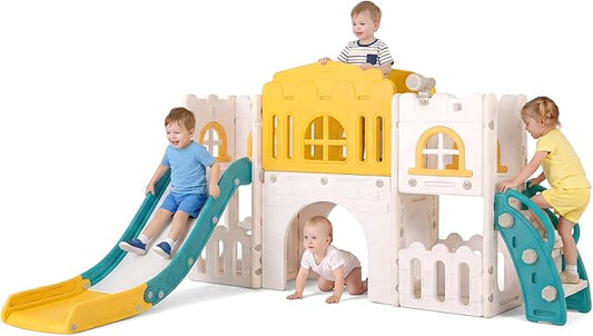 OLAKIDS Toddler Slide, Kids Indoor Outdoor Playground with Climber Basketball Hoop Telescope Tunnel Corridor Toy Storage Steering Wheel for Boys Girls Aged 1+ (Yellow, 70'')
