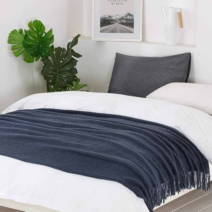 BOURINA Navy Throw Blanket 60x80 Inch Boho Knitted Soft Throw Sofa Blanket | Knitted Throw Blanket 60x80 Inches, Soft Lightweight Boho Weave Throw Decorative Couch Blanket for Living Room Bedroom Chair