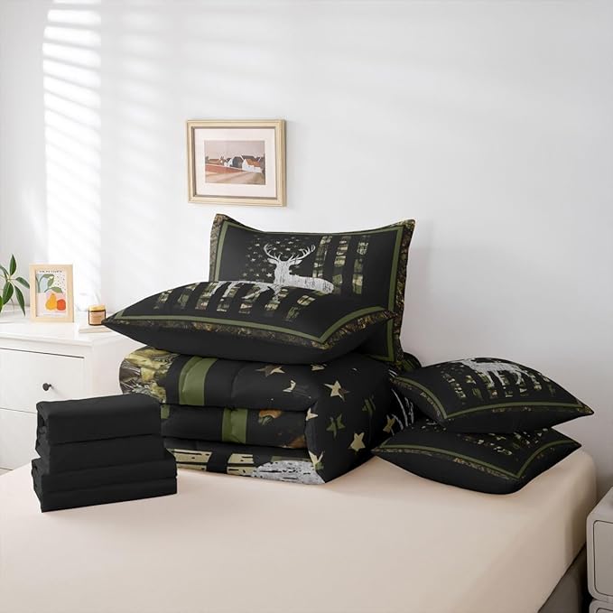 Feelyou Green Hunting Camo King Comforter Set with Sheets for Kids Boys Girls American Flag Deer 7 Pieces Bedding Set Wild Animal Hunter Bed in a Bag Room Decor Soft Lightweight Microfiber