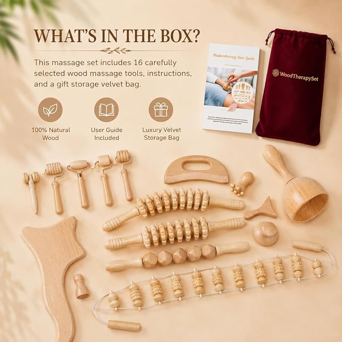 16Pcs Wood Therapy Massage Tools Set, Maderoterapia Massage Kit with Wooden Gua Sha Tools, Body Sculpting & Lymphatic Drainage Massager, Muscle Relaxation Roller for Face, Back, Legs & Full Body