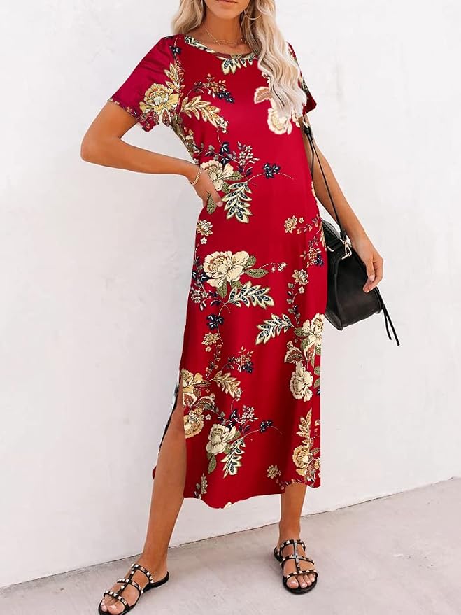 Naggoo Women's Casual T Shirt Midi Dress with Side Slit and Pockets