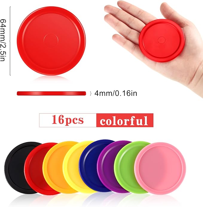 Skylety 16 Pieces Home Hockey Pucks 2.5 Inch Red Replacement Round Hockey Pucks Multicolors for Game Tables Equipment Accessories