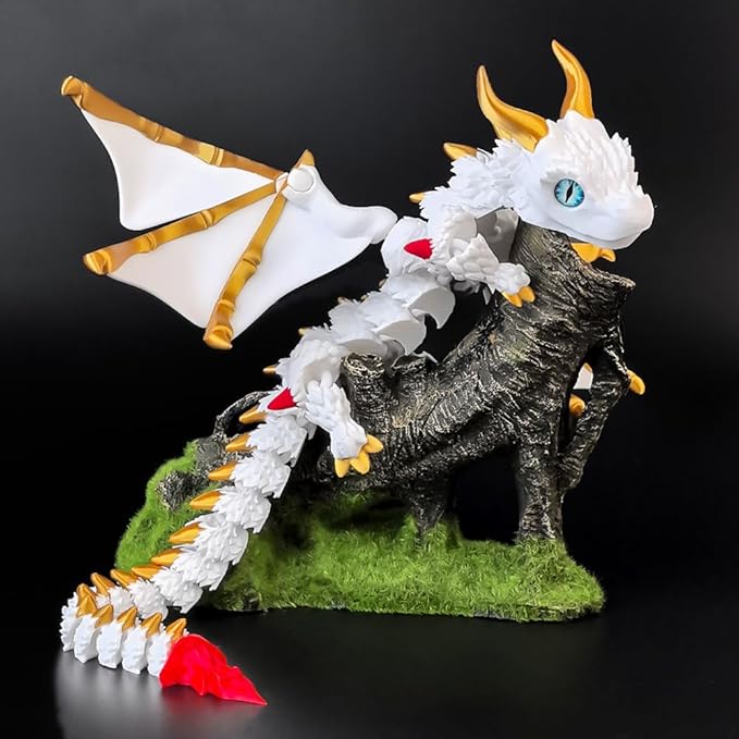 3D Printed Dragon with Wings,3D Printed Animals Toys, Fidget Dragon Toys, Flexible Articulated Winged Crystal Dragon Model,Desktop Pet Deco (White-Gold)