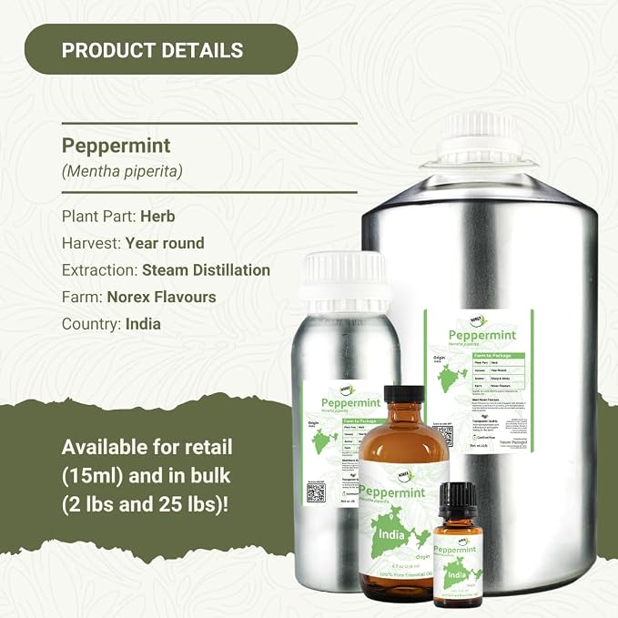 Peppermint Essential Oil - Direct from Norex Flavours India - Steam Distilled - Aceite Esencial de Menta for Aromatherapy, Massage, Diffuser, DIY Candle and Soap Making - 2lbs