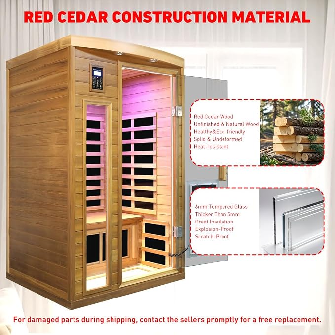 2 Person Ultra Low EMF Infrared Sauna for Home, Red Cedar Wood Far Infrared Saunas, 1750watt Indoor Personal Sauna with Door Heating Panels, Blue-tooth, 7-Color Chromotherapy Lights, 2 Outdoor Lamps
