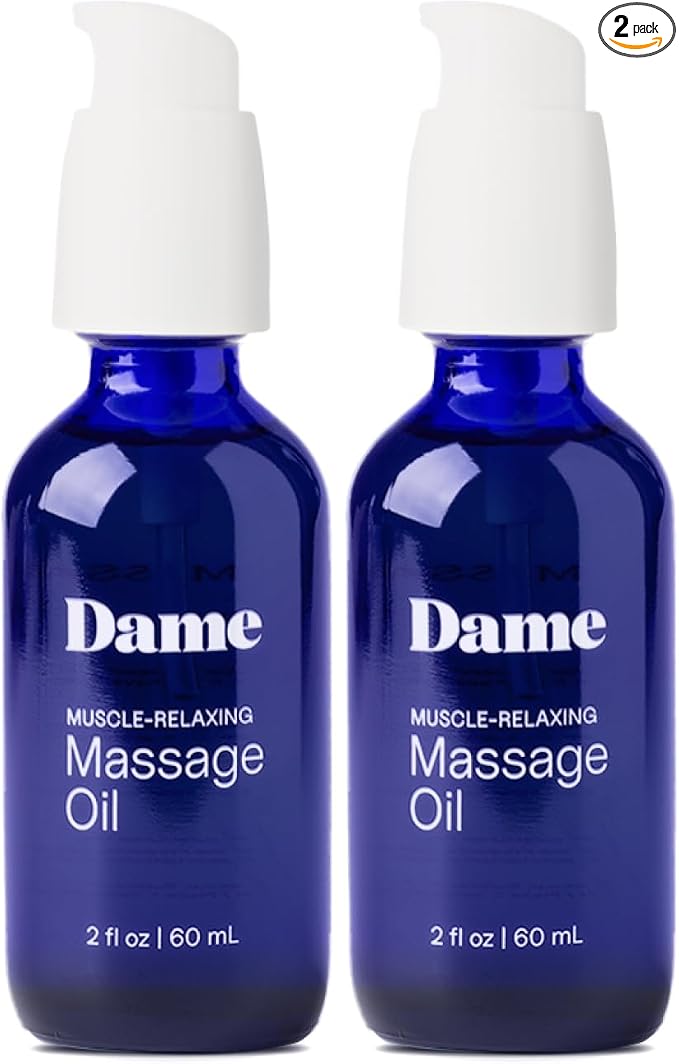 Dame Products Muscle-Relaxing Massage Oil for Women & Men, Sandalwood & Cardamom Body Oil with Jojoba for Massage Therapy, Plant-Based, Non-Greasy, Relaxing Full-Body Massage Oil, 2 fl oz (2 Pack)