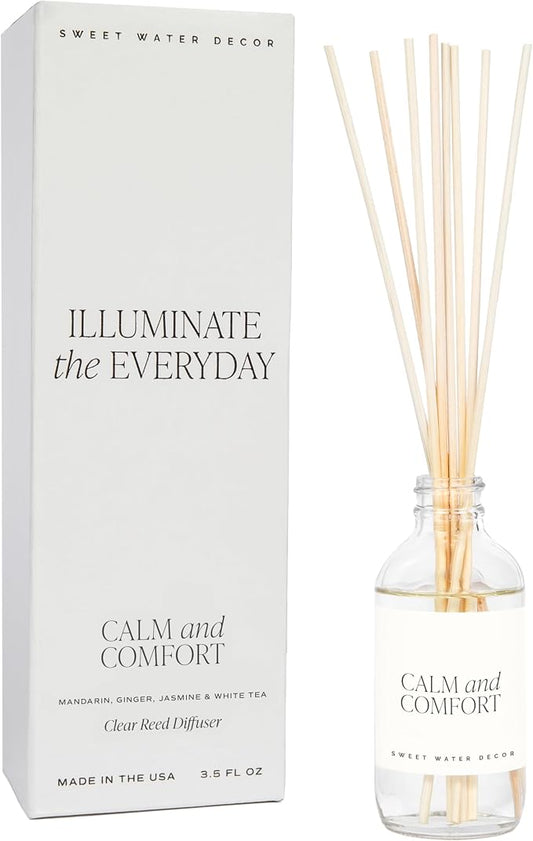 Sweet Water Decor Calm and Comfort Reed Diffuser Set | Mandarin, Ginger, Jasmine, White Tea Spa Scented Diffusers | Air Freshener | Housewarming Gift | Aromatic Stress Relief
