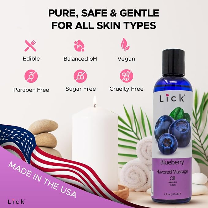 Lick Blueberry Flavored Massage Oil – Sweet Berry Edible Massage Oil with Sweet Almond Oil & Vitamin E, Lightweight Smooth Glide for Couples Massage & Play, 4 oz