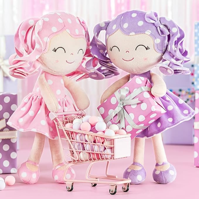 Gloveleya Personalized Baby Doll – Custom Name Plush Rag Doll, Pink Polka Dot Dress, Curly Hair, for Girls Birthday, Holidays & Keepsake, 12 Inches