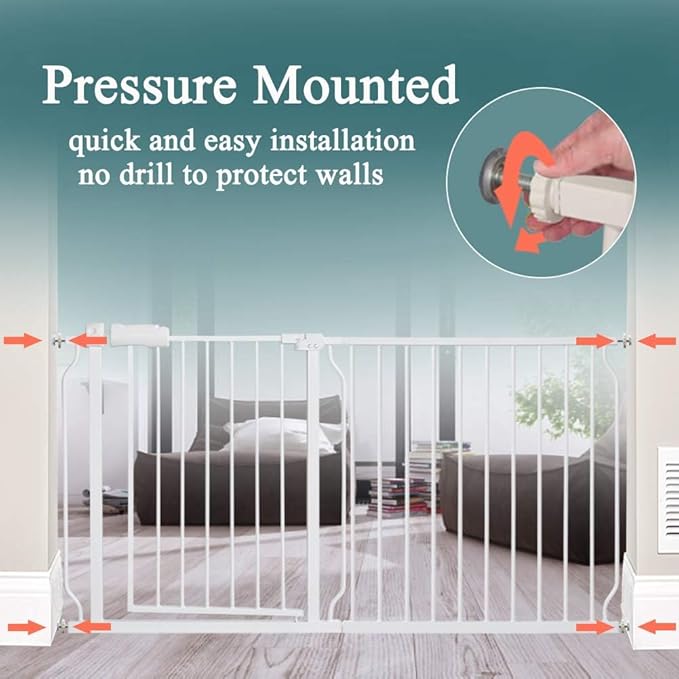 ALLAIBB Extra Wide Pressure Mounted Baby Gate Walk Through Child Kids Safety Toddler Tension White Long Large Pet Dog Gates with Extension for doorways Kitchen (76.38"-81.10"/194-206cm)
