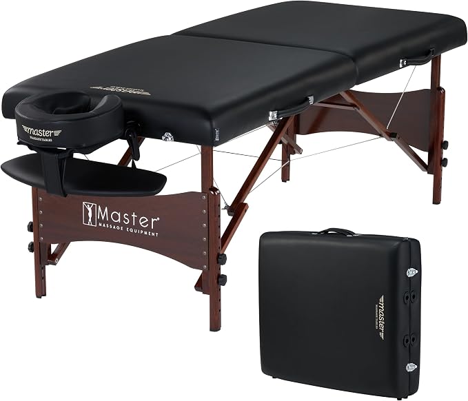 Master Massage 30" Newport Portable Massage Table Package with 2.5" Cushion, Walnut Frame, Steel Cables, Pillow & Accessories – Black