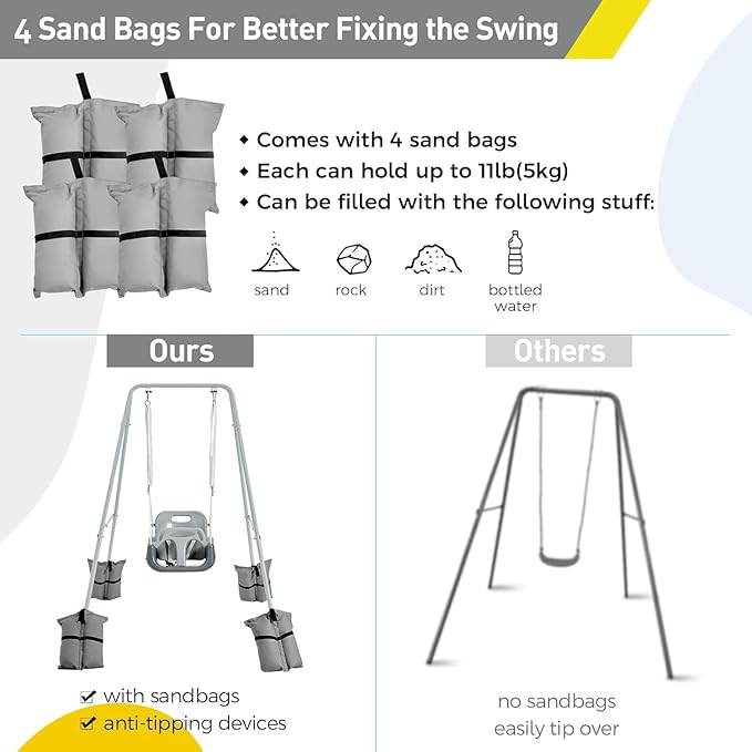 FUNLIO Toddler Swing with Foldable Metal Stand for Toddlers Aged 1~10 Years, 3-in-1 Baby Swing Set with 4 Sandbags for Backyard/Indoor/Outdoor Play, Easy to Assemble & Store, Grey