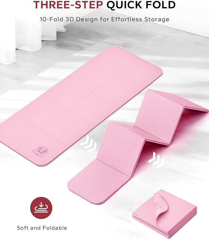 HAPBEAR Foldable Yoga Mat - 72"x24"x0.24" (6mm), Non-Slip TPE Exercise Mat for Home Workout, Yoga, Pilates,Stretching, & Travel, Durable & Eco-Friendly, Includes Carry Bag