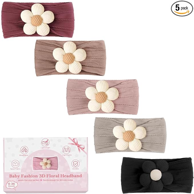CÉLLOT 5 Pcs Baby Flower Headbands Baby Girls Nylon Headbands Soft Hairbands Hair Accessories for Newborn Infant Toddler Kids(Autumn/Winter Colors)
