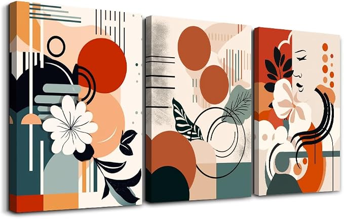 MHARTK66 Canvas Wall Art For Bedroom & Living Room - Boho & Vintage Flowers Wall Painting - Abstract Art - Ready To Hang - Framed Wall Pictures - 3 Panels